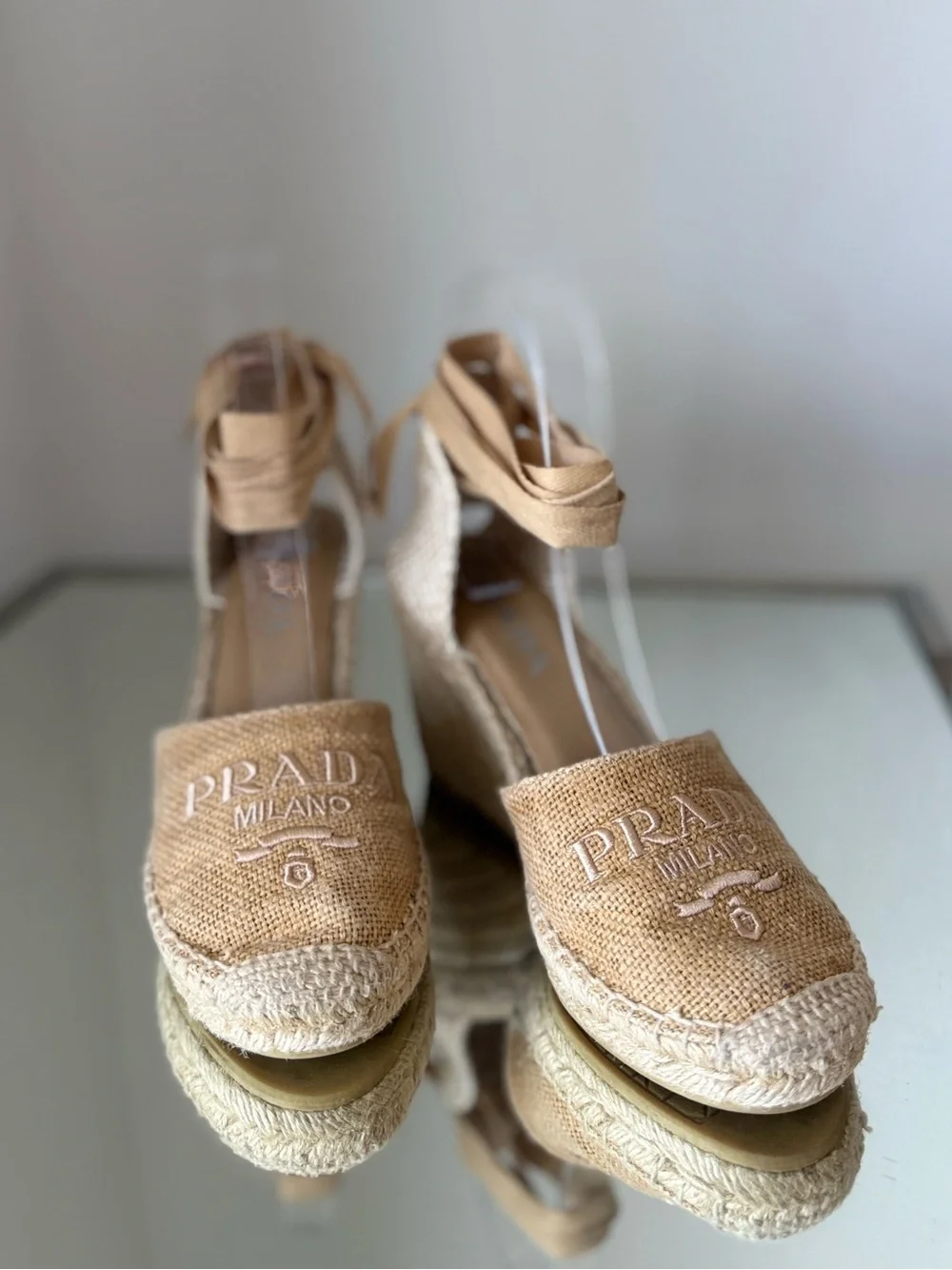 Prada Canvas Espadrille Wedge Tie-Ankle Shoes $850 36
